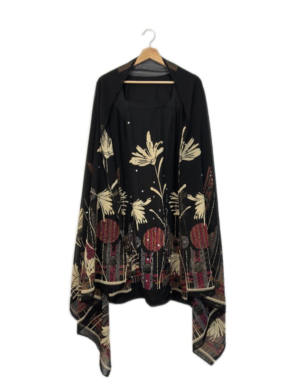 VTG Handmade Silk Floral Embellished Dress & Shawl 2pc Set Boho Eclectic Artsy